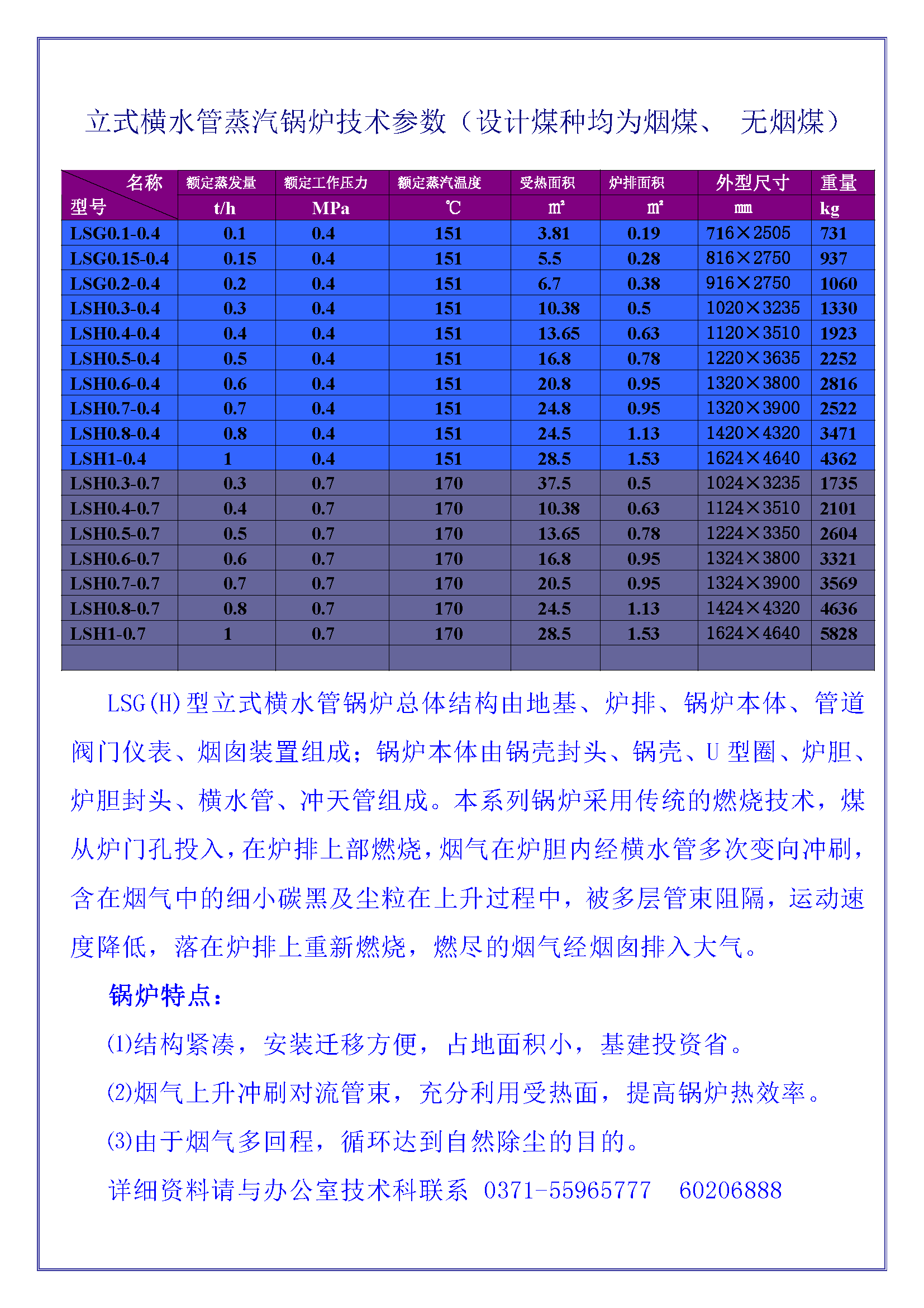 立式燃煤蒸汽锅炉技术参数